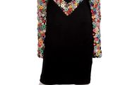 black dress with multi - colored sequins on the shoulders and sleeves