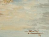 an oil painting of a man riding a horse on a cloudy day