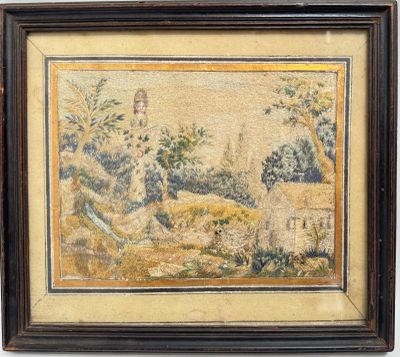 une image représentant un tableau montrant des moutons dans un champ, avec des arbres en arrière-plan