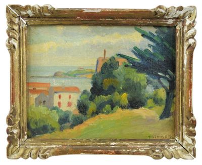une peinture à l'huile représentant un paysage avec des arbres et des bâtiments