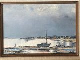 a painting of a sailboat on the shore of the water