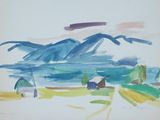 une aquarelle représentant un paysage avec des montagnes en arrière-plan