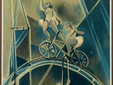 an image of a painting of a man riding a bike over a bridge