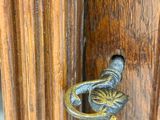 a close up of a door handle on a wooden door