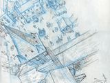 drawing of a building with a cross on top of it with a sky background