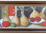 an oil painting of pears, apples and pears on a table