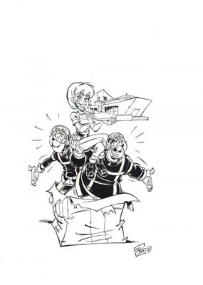 un dessin en noir et blanc représentant un groupe de personnes dans un cadre