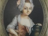 portrait of a woman in a red dress holding a black pot