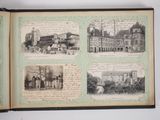 an old photo of a book with pictures of buildings and people in it