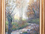 an oil painting of a stream running through a wooded area
