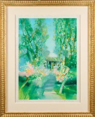 an image of a painting of a house and trees in a park