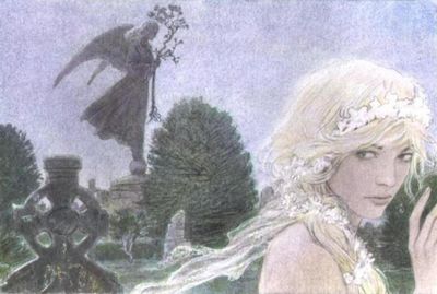 un dessin représentant une femme en robe blanche et, à l'arrière-plan, un homme en costume noir