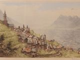 une photo d'un tableau représentant un village sur une colline