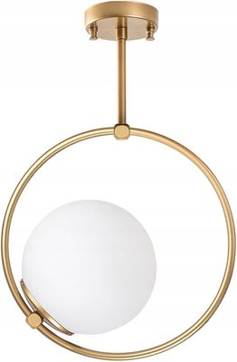 une grande suspension en forme de silhouette humaine en laiton, avec une boule de verre blanc suspendue au plafond