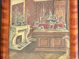 painting of a living room with a fireplace and a painting on the wall