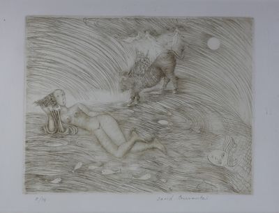 dessin représentant une femme et un chien dans un plan d'eau