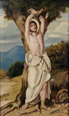 painting of a man with a hat on his head hanging from a tree