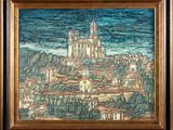 an image of a painting of a city with a church in the background