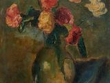 painting of a vase of flowers on a table with a cloth