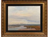 une peinture d'un paysage avec un bateau dans l'eau