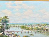 a painting of a view of a river with a bridge in the background