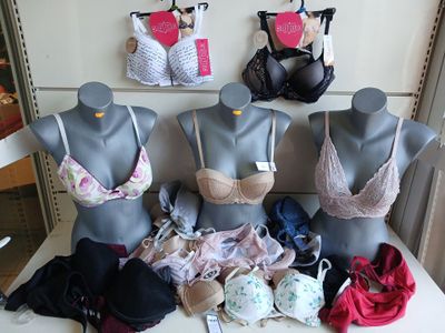three mannequins with bras on display in a store