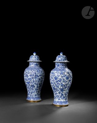 deux vases bleus et blancs avec couvercle, sur fond noir