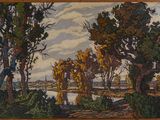 a painting of a landscape with trees and a river in the foreground