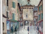 peinture d'une scène de rue en ville avec des personnes marchant dans la rue