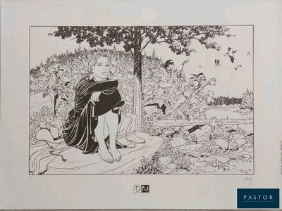 un dessin représentant une femme assise sur un banc