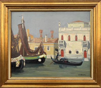 a painting of a gondola and a boat in the water