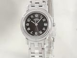 a silver watch with a black face on a white background