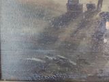 a picture of a painting of a train coming down the tracks