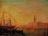 peinture représentant une vue de ville avec un bateau au premier plan