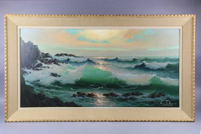 une peinture à l'huile représentant un tableau où l'on voit des vagues déferler dans l'océan