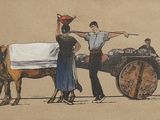 painting of a man and a woman standing next to a horse drawn carriage