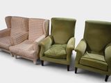 three green chairs sitting next to each other on a white surface