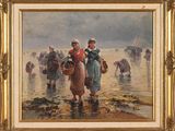 a painting of a group of people walking on a beach