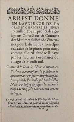 [VINCENNES et MONTREUIL]. Arrest donné en l'audience de la g…
