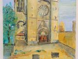 l'image d'une peinture d'un bâtiment sur laquelle figure une horloge