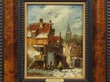 une peinture à l'huile d'une scène de rue avec une voiture à cheval
