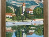 une peinture à l'huile représentant une église située sur une colline, avec un lac en contrebas