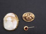 a close up of a broochle and a pair of earrings