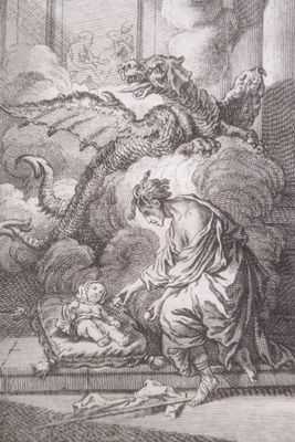 un vieux dessin représentant une femme agenouillée devant un dragon