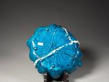 a close up of a small blue object on a stand