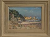 une peinture à l'huile représentant une plage rocheuse, avec des rochers au premier plan