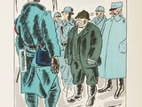 drawing of a man in a blue coat and hat standing in front of a group of men