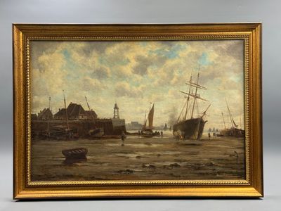 une peinture à l'huile représentant une scène portuaire avec des bateaux dans l'eau