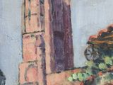 an oil painting of a church with a clock tower in the background
