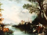 a painting of a man on a horse by a river
